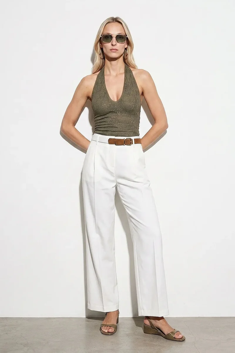 Dilvin White DILVIN Wide-Leg Belted Crepe Trousers for Women | Best Price UAE