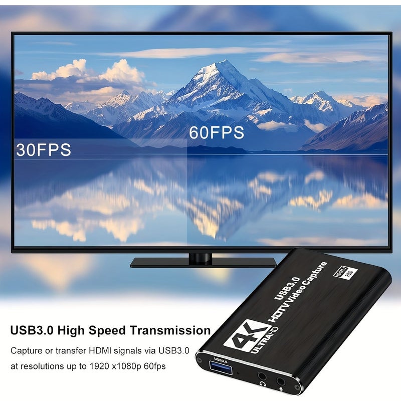 كابل 4K HDTV إلى بطاقة التقاط USB 3.0، مسجل فيديو بدقة 1080P بمعدل 60 إطارًا في الثانية، باللون الأسود، مخصص للألعاب والبث المباشر، متوافق مع PS5، PS4، Xbox، Apple TV، Skybox، Blu-ray، وشاشات HDTV - Image 4