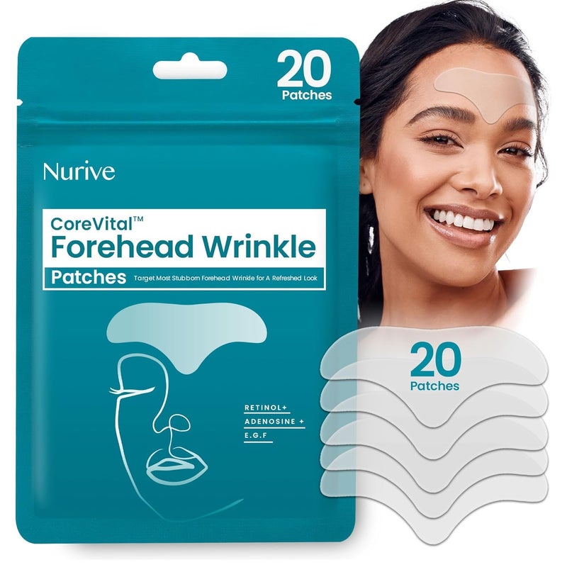 NURIVE Advanced Wrinkle Patches 20ct Smile Line, Frown Line Wrinkle Patches for Facial Korean Skin Care Face Wrinkle Tape Invisible Overnight with Retinol & Collagen (Large (Forehead)) - Image 1