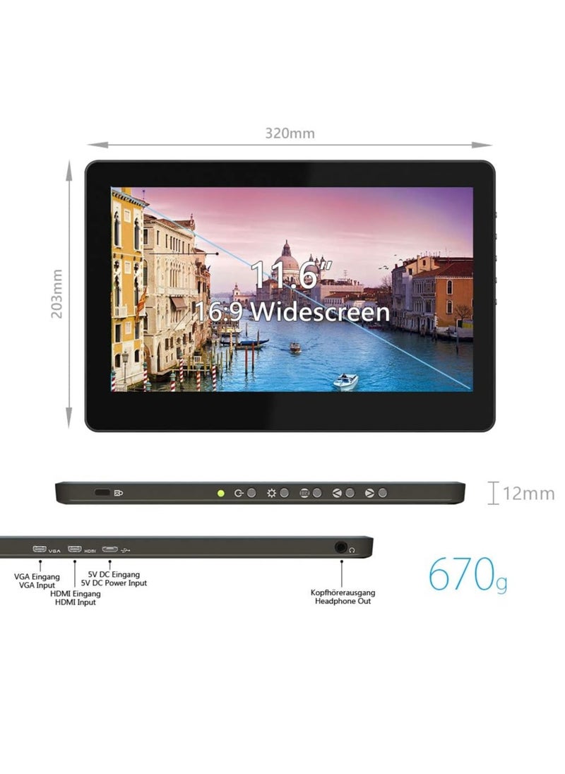 شاشة 1102I مقاس 13.25 بوصة FHD 1080p محمولة تعمل باللمس مع مدخلات فيديو HDMI وVGA، تعمل بمنفذ USB، التوصيل والتشغيل، خفيفة الوزن ونحيفة، مكبرات صوت مدمجة، قاعدة إرساء خلفية