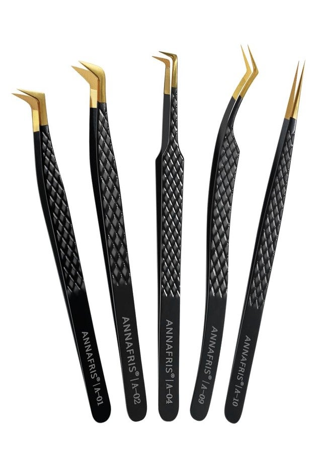 ANNAFRIS Lash Tweezers for Eyelash Extensions,Precision Fiber Tip for Volume Eyelash Extensions,Lash Extension Tweezers for Easy Application and Removal-A01+02+04+09+10 - Image 1