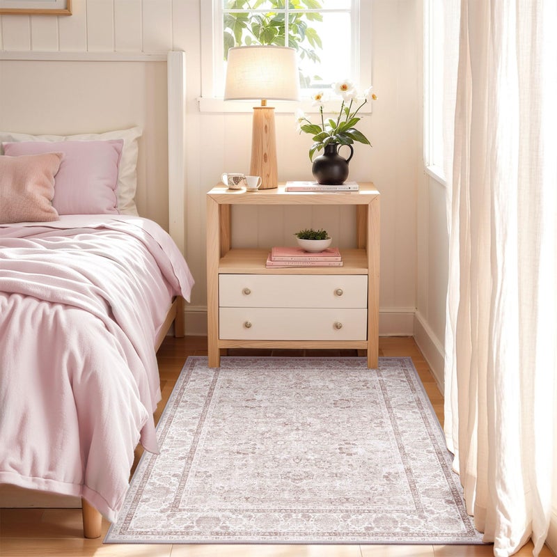 Deerly Light Pink 4x6 Rugs for Bedroom Nursery Rug Vintage Aesthetic Cute Boho Floral Washable Area Rug Indoor Carpet for Kids Room Playroom Living Room - Image 2