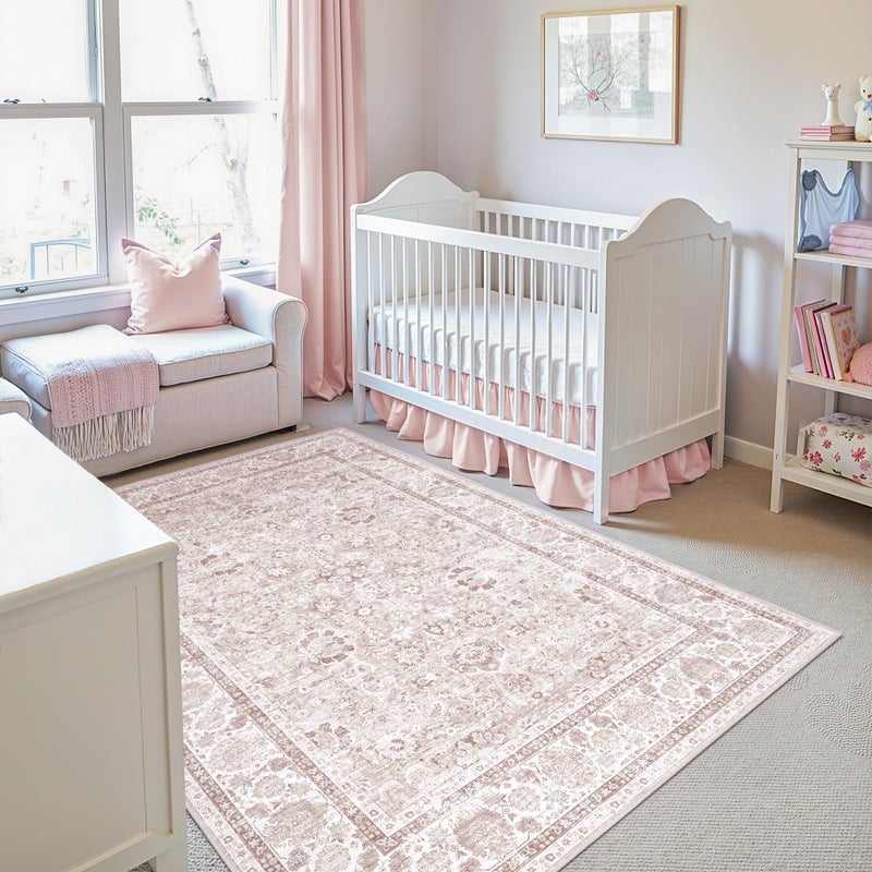Deerly Light Pink 4x6 Rugs for Bedroom Nursery Rug Vintage Aesthetic Cute Boho Floral Washable Area Rug Indoor Carpet for Kids Room Playroom Living Room - Image 1