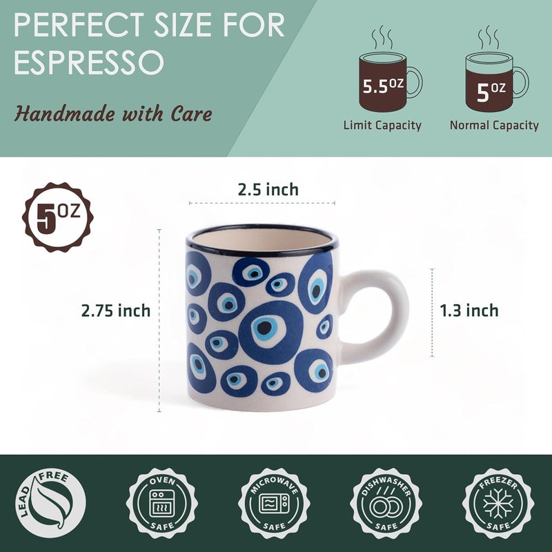 Elyese Ceramic Espresso Cups, 5 Oz Espresso Cups Set of 4, Handmade Espresso Cup, 2.75 Inch Espresso Mugs, Multicolor Demitasse Cups, Microwave & Dishwasher Safe Espresso Mugs, Coffe Mug Set (NAZAR CHARM) - Image 2