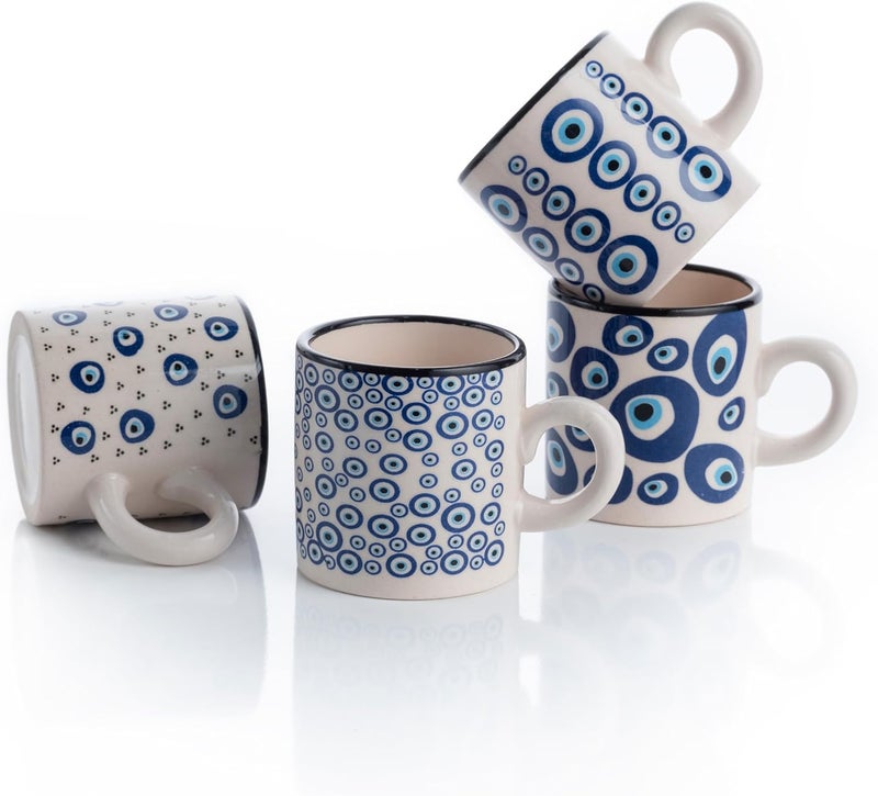 Elyese Ceramic Espresso Cups, 5 Oz Espresso Cups Set of 4, Handmade Espresso Cup, 2.75 Inch Espresso Mugs, Multicolor Demitasse Cups, Microwave & Dishwasher Safe Espresso Mugs, Coffe Mug Set (NAZAR CHARM) - Image 1