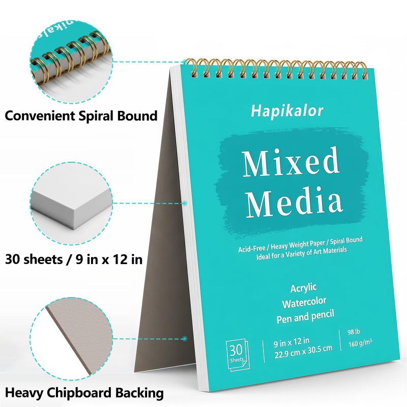 Hapikalor Sketch Book Mixed Media Pad - 9" x 12" Top Spiral Bound Sketch Pad, 30 Sheets 98lb/160gsm Acid-Free Drawing Paper, Art Supplies Sketchbook for Drawing, Sketching - Image 2