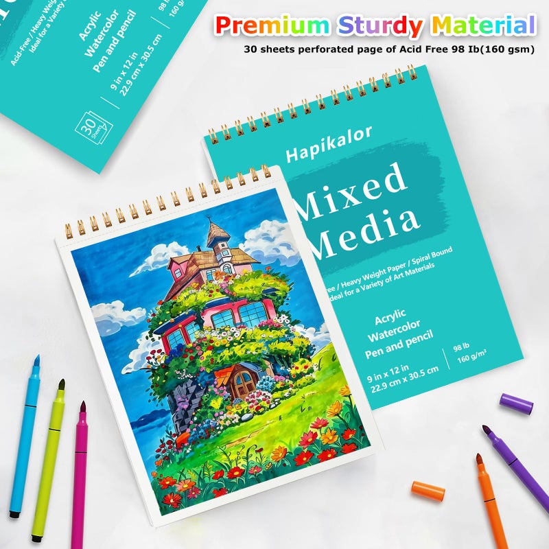 Hapikalor Sketch Book Mixed Media Pad - 9" x 12" Top Spiral Bound Sketch Pad, 30 Sheets 98lb/160gsm Acid-Free Drawing Paper, Art Supplies Sketchbook for Drawing, Sketching - Image 3