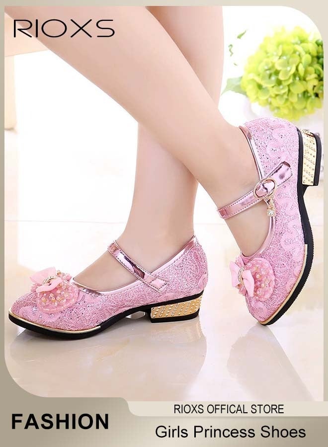 RIOXS Girls Dress Shoes, Little Girls Mary Jane Lolita Shoes, Princess Party Shoes, Student Performance PU Formal Shoes, Glitter Low Heels Flower Wedding Party Footwear for Toddler Little/Big Kids, Bright Mary Jane Shoes Pink - Image 2