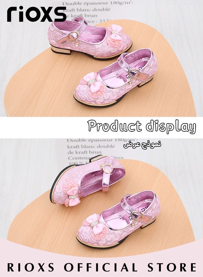 RIOXS Girls Dress Shoes, Little Girls Mary Jane Lolita Shoes, Princess Party Shoes, Student Performance PU Formal Shoes, Glitter Low Heels Flower Wedding Party Footwear for Toddler Little/Big Kids, Bright Mary Jane Shoes Pink - Image 5