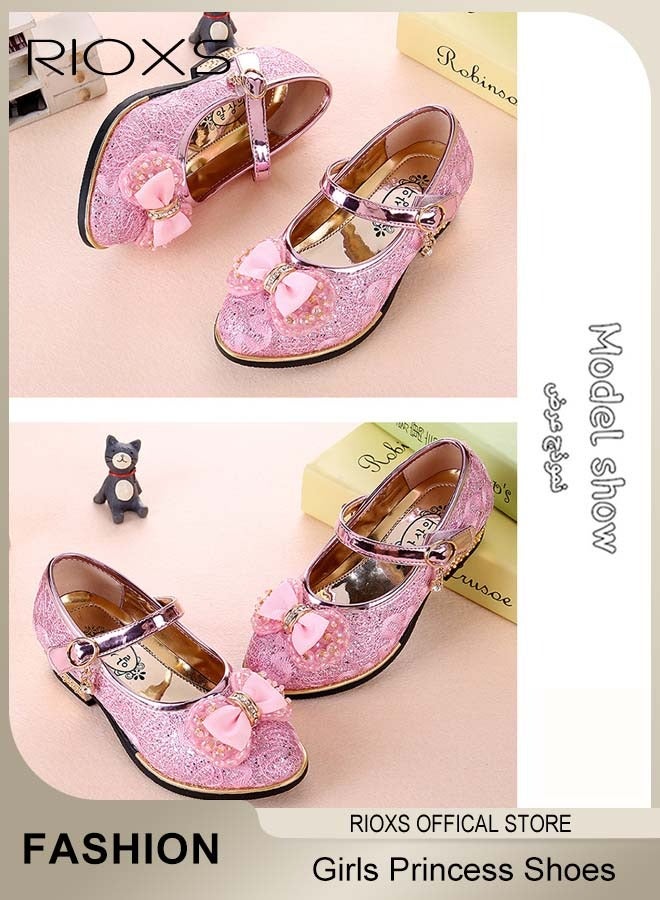 RIOXS Girls Dress Shoes, Little Girls Mary Jane Lolita Shoes, Princess Party Shoes, Student Performance PU Formal Shoes, Glitter Low Heels Flower Wedding Party Footwear for Toddler Little/Big Kids, Bright Mary Jane Shoes Pink - Image 4