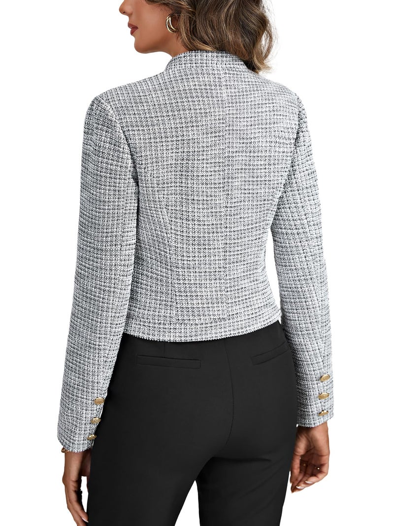 LYANER Women Fall Tweed Plaid Open Front Stand Collar Cropped Blazer Work Office Suit Jacket White Medium - Image 5