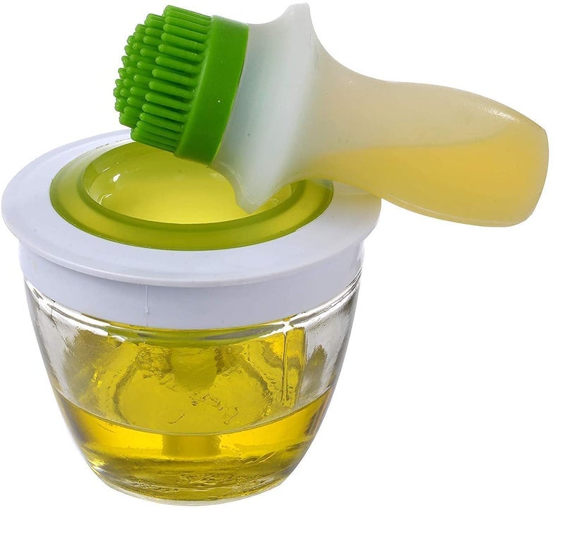 Orrda Chefs Basting Set Silicone Oil Brush Dispenser Glass Bowl Container Set for Cooking BBQ Baking and Grilling_WhiteGreen - Image 1