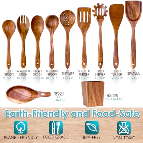HOWHONG Wooden Spoons for Cooking Premium Acacia Wood Kitchen Utensil Set Handmade Wooden Utensils for Nonstick Cookware Heat Resistant Smooth Finish Comfortable Grip with Holder Gift Ready - Image 3