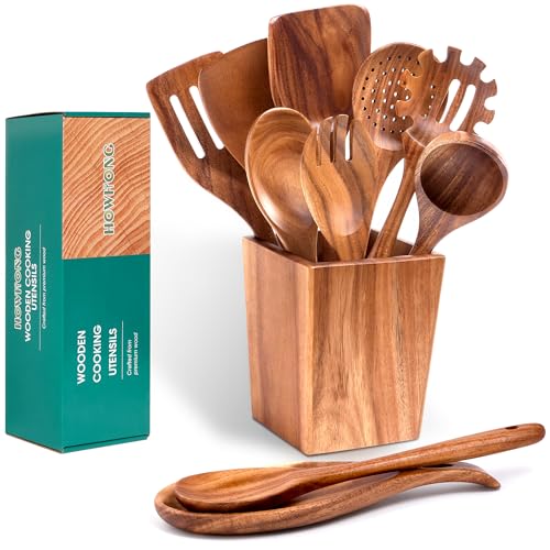 HOWHONG Wooden Spoons for Cooking Premium Acacia Wood Kitchen Utensil Set Handmade Wooden Utensils for Nonstick Cookware Heat Resistant Smooth Finish Comfortable Grip with Holder Gift Ready - Image 1