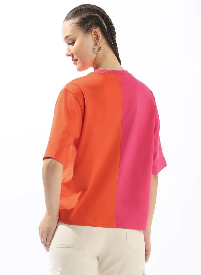 HIGH STAR Women's Multicolour 100% Cotton Colour Blocked Oversized T-Shirt