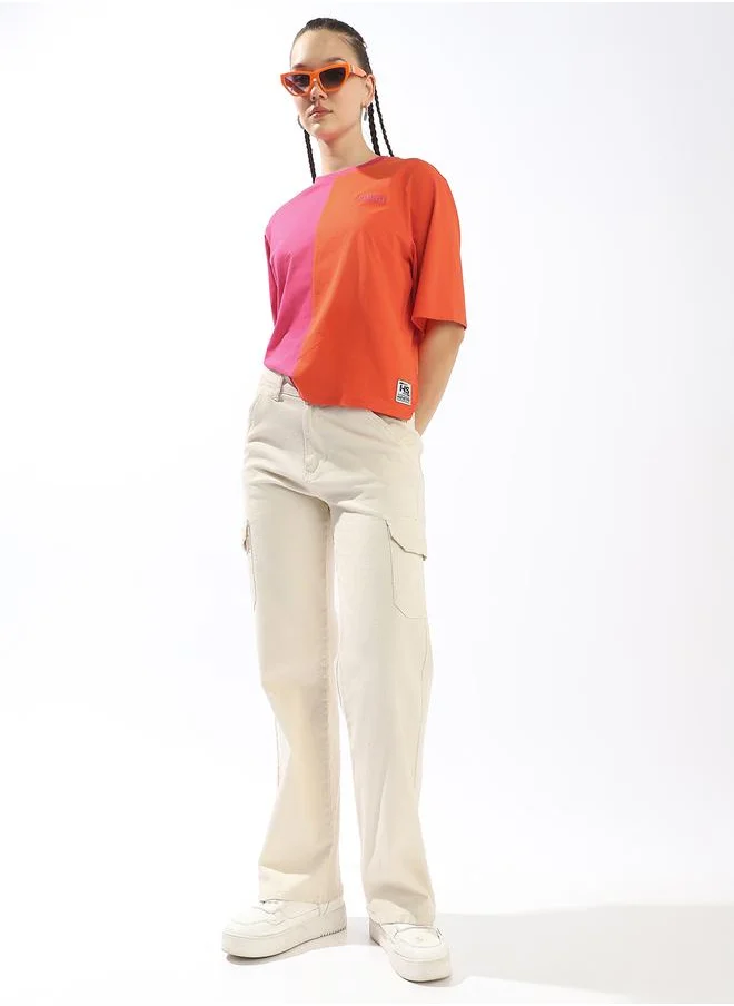 HIGH STAR Women's Multicolour 100% Cotton Colour Blocked Oversized T-Shirt