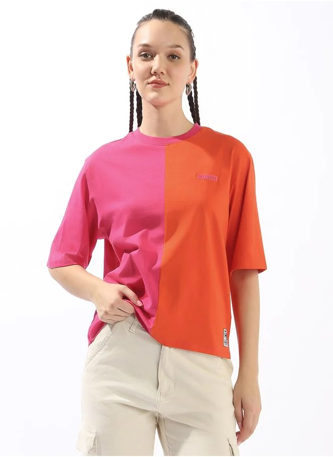 HIGH STAR Women's Multicolour 100% Cotton Colour Blocked Oversized T-Shirt