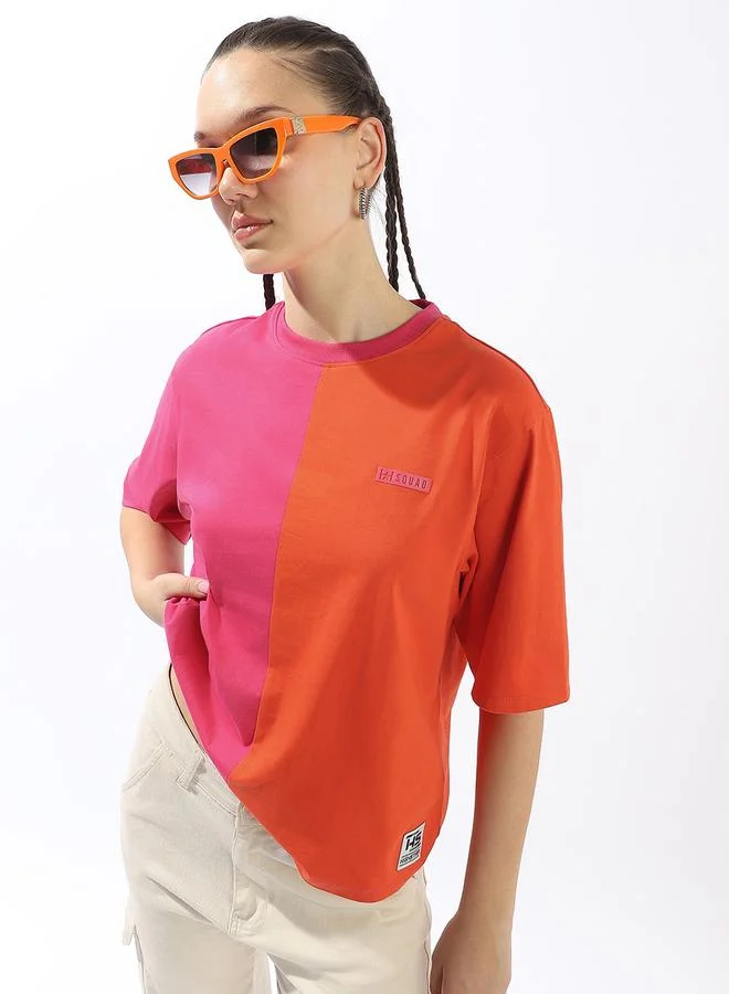 HIGH STAR Women's Multicolour 100% Cotton Colour Blocked Oversized T-Shirt