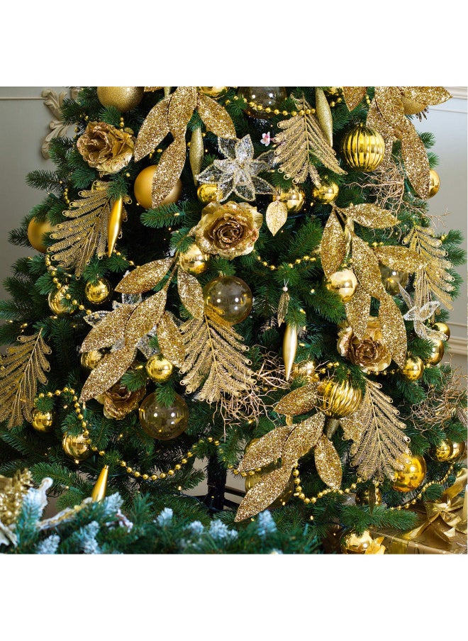 40 Pieces Gold Glittered Artificial Leaf Spray Picks 12" Tall for Christmas Winter Wedding Wreath Tree Swag Floral Arrangment Vase Bouquets Table Centerpieces Decoration