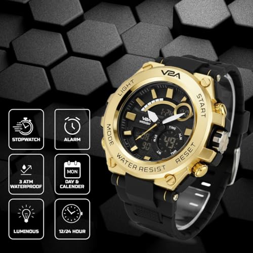 V2A Chronograph Analogue and Digital Sports Watch for Men - Gold, Black, Resin - Image 2