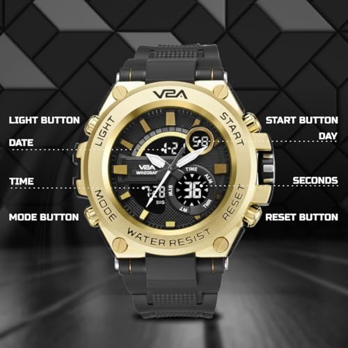 V2A Chronograph Analogue and Digital Sports Watch for Men - Gold, Black, Resin - Image 3