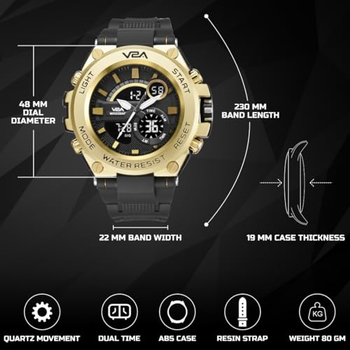 V2A Chronograph Analogue and Digital Sports Watch for Men - Gold, Black, Resin - Image 4