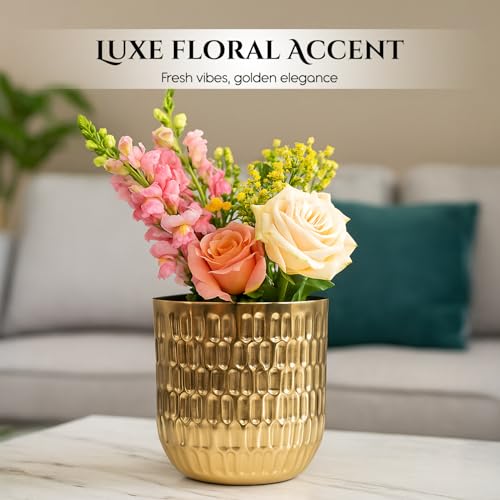 Ekhasa Nostrae by Ekhasa Gold Metal Planter for Indoor Plants | Decorative Metal Pot for Home Decor | Elegant Golden Planter & Metal Flower Pot | Designer Brass-Look Planter for Living Room & Tabletop - Image 2
