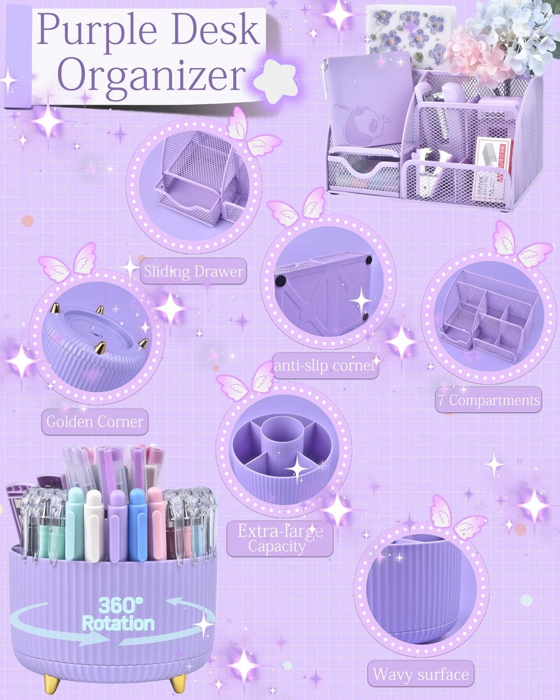 Vamrak Purple Desk Accessories and Organizers with Desk Organizer and 360Rotating Pen Holder stapler Pen and a Lot of Office Purple Office Supplies Beautifully Presented in a Gift Box - Image 2