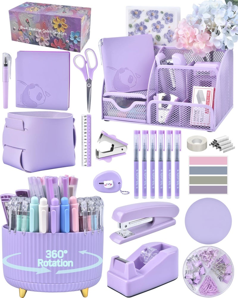 Vamrak Purple Desk Accessories and Organizers with Desk Organizer and 360Rotating Pen Holder stapler Pen and a Lot of Office Purple Office Supplies Beautifully Presented in a Gift Box - Image 1