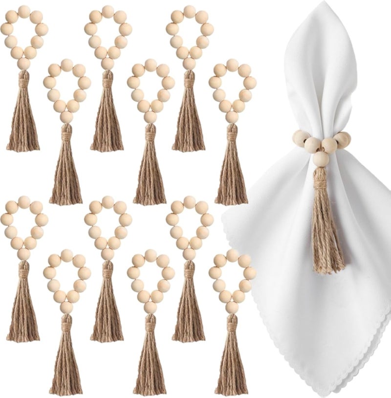 12 قطعة من حلقات مناديل خشبية مزينة بالخرز، حلقات مناديل خشبية مزينة بالخرز لتزيين الطاولة، حلقات مناديل عيد الميلاد لتزيين أطقم أدوات المائدة، ولحفلات الربيع، وحفلات الزفاف، وحفلات العشاء في الأعياد