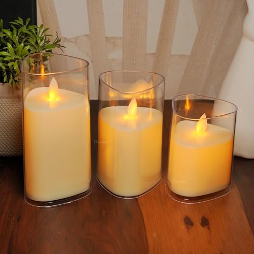 Chronos Acrylic Glass LED Moving Flame Pillar Candle with Triangular Shape - Battery Operated, Flameless, Smokeless, Realistic Flickering, Warm White Light for Home Decor, Diwali (4Inch) - Image 2