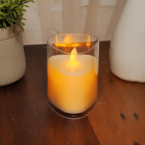 Chronos Acrylic Glass LED Moving Flame Pillar Candle with Triangular Shape - Battery Operated, Flameless, Smokeless, Realistic Flickering, Warm White Light for Home Decor, Diwali (4Inch) - Image 1