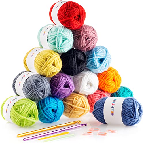 CRAFTISS 16 of 20g/0.7Oz Acrylic Yarn Mini Skeins - 700 Yards of Soft Yarn for Crocheting and Knitting Craft Project, Assorted Starter Crochet Bulk Kit for Adults and Kids - Image 1