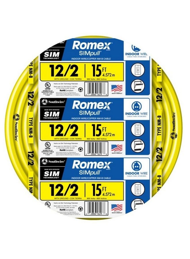 Southwire 28828226 15-Feet 12-Gauge Indoor Building Wire 2 Conductors 12/2 with Ground Type NM-B Romex SIMpull, Yellow Outer Jacket - Image 1