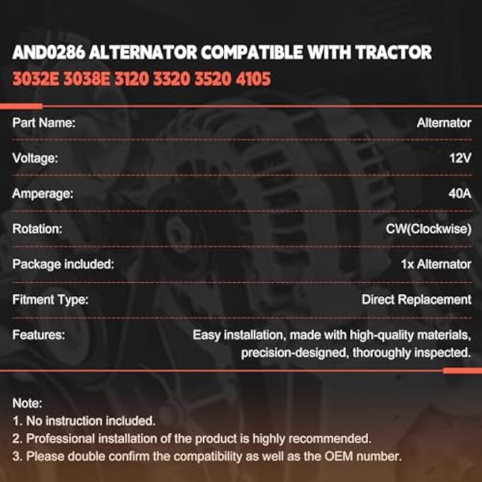 otobaijeni AND0286 Alternator 12V 40A Compatible with Case Excavator CX27B John Deere 27D 1023E 1025R Tractor 3032E 3038E 3120 3320 3520 4105 ND101211-1170 ND9761219-117 Engine Replaces Parts - Image 3