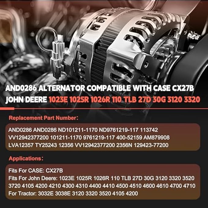 otobaijeni AND0286 Alternator 12V 40A Compatible with Case Excavator CX27B John Deere 27D 1023E 1025R Tractor 3032E 3038E 3120 3320 3520 4105 ND101211-1170 ND9761219-117 Engine Replaces Parts - Image 2