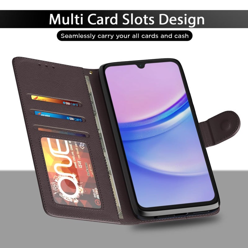 Pikkme غطاء قابل للطي بتشطيب جلدي | داخل TPU مع جيوب للبطاقات | حامل محفظة ومضاد للصدمات | غطاء قابل للطي لحماية كاملة لهاتف سامسونج جالاكسي A15 4G / A15 5G (بني) - Image 5