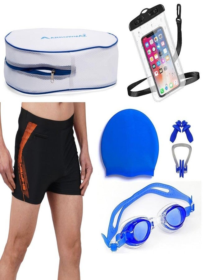 Shifter Adult Swimming Combo Kit - Swim Shorts, Anti-Fog Goggles, Silicone Swim Cap, Earplugs, Nose Plug, Waterproof Mobile Pouch (32-34 (3XL)) - Image 1