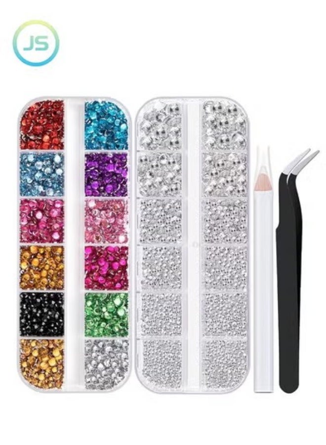 JS Two Packs of Flatback Rhinestones 4520 Pcs, Colorful Nail Art Rhinestones Flatback Crystal Colorful+AB Rhinestone with Picker Pencil and Tweezer, for Nail Art and Decoration - Image 1