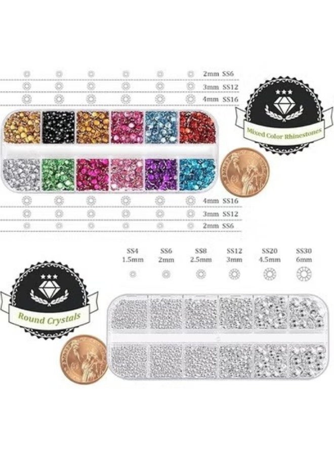 JS Two Packs of Flatback Rhinestones 4520 Pcs, Colorful Nail Art Rhinestones Flatback Crystal Colorful+AB Rhinestone with Picker Pencil and Tweezer, for Nail Art and Decoration - Image 3