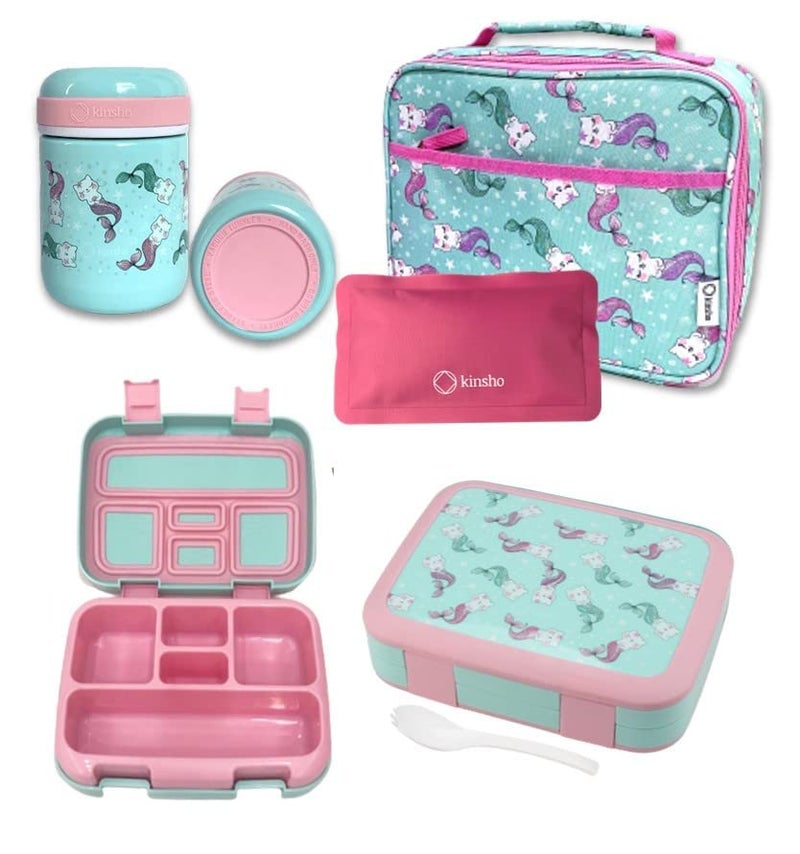 kinsho Bento Box with Stainless Steel Food Thermal for Hot Food or Soup Insulated Lunch Bag and Ice Pack Set for Kids Girl Toddlers Ages 3 to 7 Pink Aqua Cat Mermaid