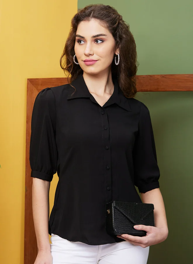 globus Globus Black Puff Sleeve Opaque Workwear Shirt