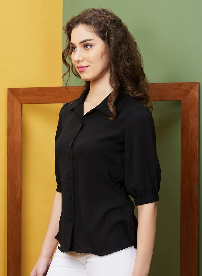 globus Globus Black Puff Sleeve Opaque Workwear Shirt