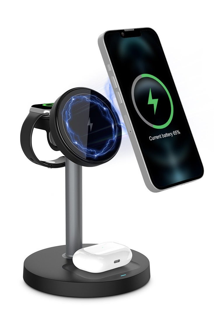 3-in-1 Magnetic Wireless Charger Stand for Phone Watch Earbuds Fast Charging Dock with Strong Magnet and Desktop Holder Black - Image 1