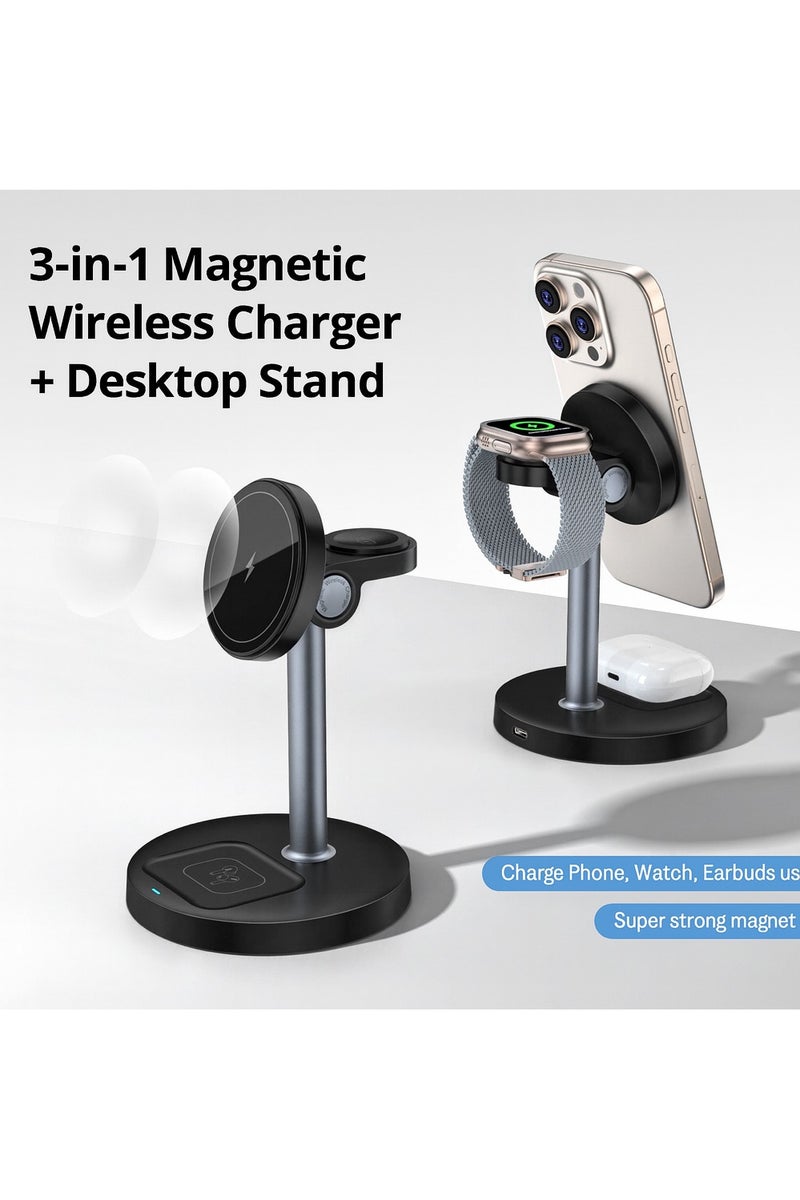 3-in-1 Magnetic Wireless Charger Stand for Phone Watch Earbuds Fast Charging Dock with Strong Magnet and Desktop Holder Black - Image 3