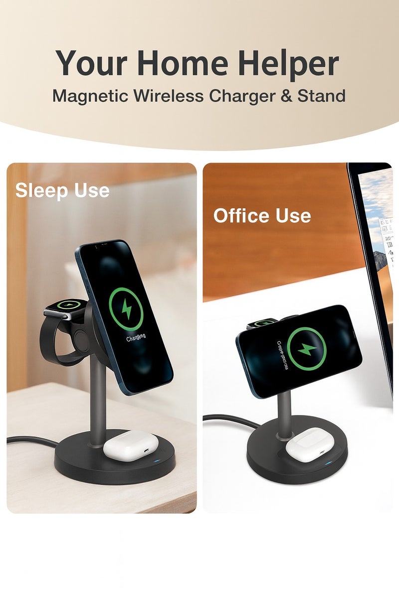 3-in-1 Magnetic Wireless Charger Stand for Phone Watch Earbuds Fast Charging Dock with Strong Magnet and Desktop Holder Black - Image 4