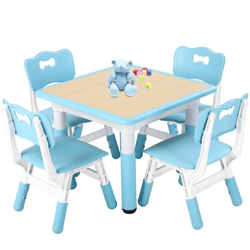 FUNLIO Kids Table and 4 Chairs Set Height Adjustable Toddler Table and Chair Set for Ages 38 Easy to Wipe Arts  Crafts Table for ClassroomsDaycaresHomes CPC  CE Approved 5Piece Set  Blue