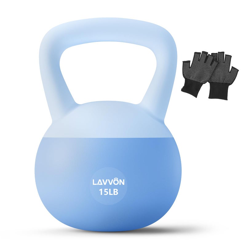 LAVVON Soft Kettlebell - Cushioned Impact-Resistant Base and Anti-Slip, Kettle bell Anti-Slip Grip Weight for Home Workouts, Safe Strength Training Kettlebells Sets for Women & Men, With Non-slip Gloves (Blue, 15 LB) - Image 1