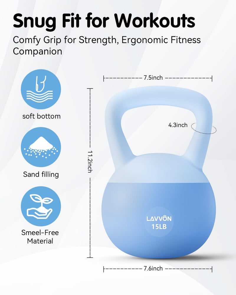 LAVVON Soft Kettlebell - Cushioned Impact-Resistant Base and Anti-Slip, Kettle bell Anti-Slip Grip Weight for Home Workouts, Safe Strength Training Kettlebells Sets for Women & Men, With Non-slip Gloves (Blue, 15 LB) - Image 5