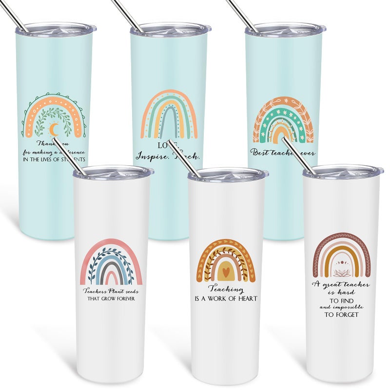 Sieral 6 Pcs Bulk Teacher Appreciation Gifts Thank You Teacher Stainless Steel Tumbler with Lid and Straw 20 oz Rainbow Insulated Coffee Tumbler Cup Travel Mug for Women Birthday Graduation